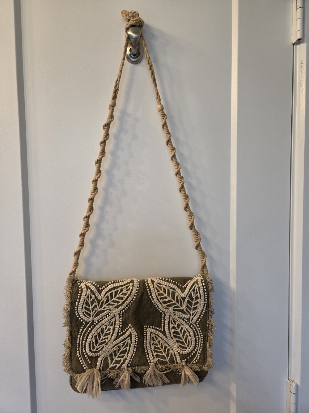 EARTHBOUND Olive Shoulder Bag with Cream Embroidery